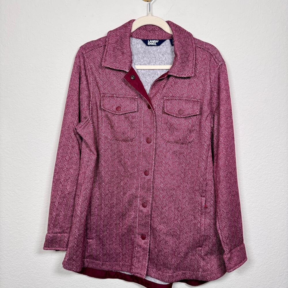Lands End Womens Shacket Jacket Snap Shirt Size L Herringbone Flannel Comfy Red